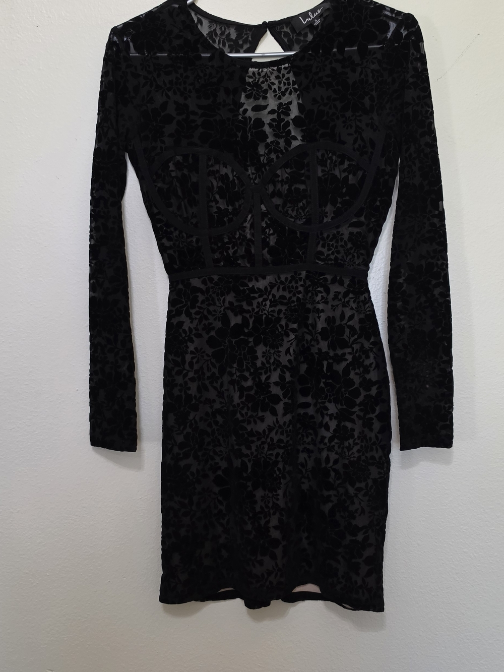 Lulu's Black Velvet Floral Burnout Long Sleeve Bodycon Dress
